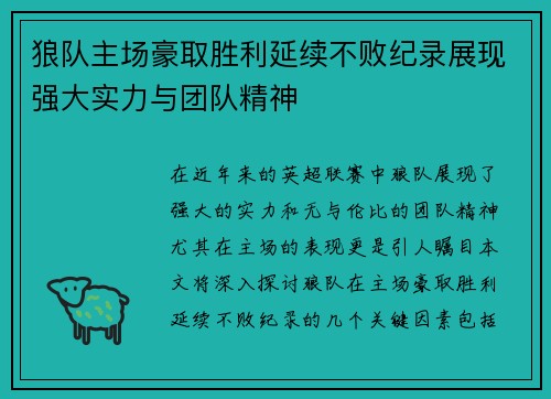 狼队主场豪取胜利延续不败纪录展现强大实力与团队精神