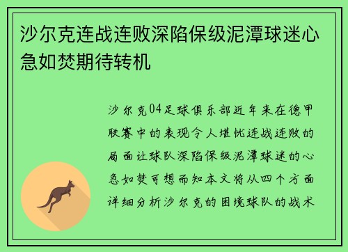 沙尔克连战连败深陷保级泥潭球迷心急如焚期待转机