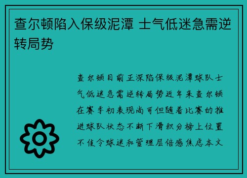 查尔顿陷入保级泥潭 士气低迷急需逆转局势