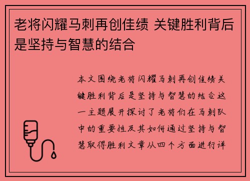 老将闪耀马刺再创佳绩 关键胜利背后是坚持与智慧的结合