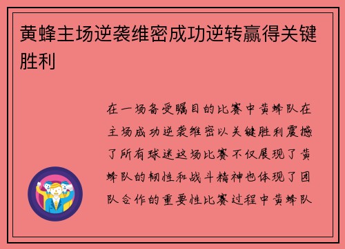 黄蜂主场逆袭维密成功逆转赢得关键胜利