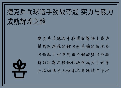 捷克乒乓球选手劲战夺冠 实力与毅力成就辉煌之路