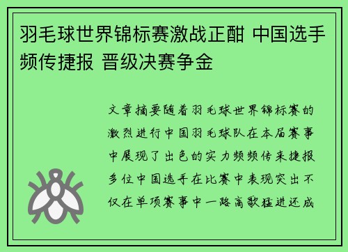 羽毛球世界锦标赛激战正酣 中国选手频传捷报 晋级决赛争金